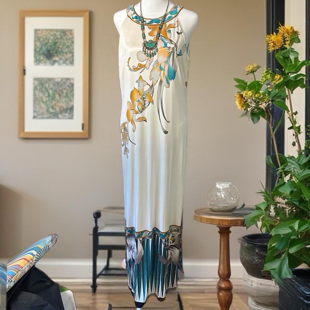Elie Tahari Floral Maxi Dress - Cream and Teal